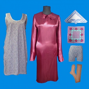 37152 Комплект женский "Натали": платье из атласа, панталоны, сорочка, чулки,платок нос, платок гол.