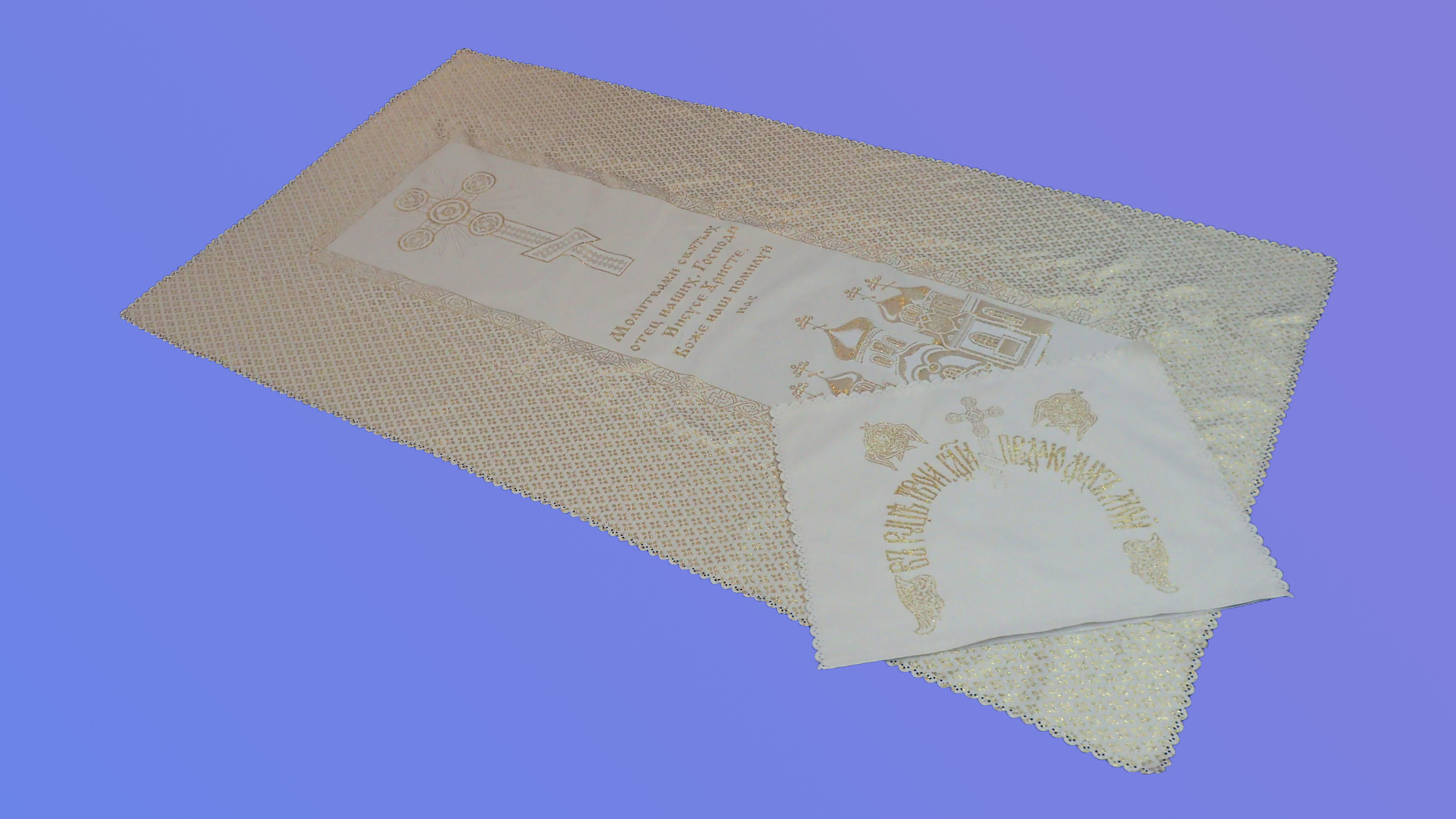 37657 Комплект "Ковчег" из парчи с церковной символикой с покрывалом и наволочкой, коронекс
