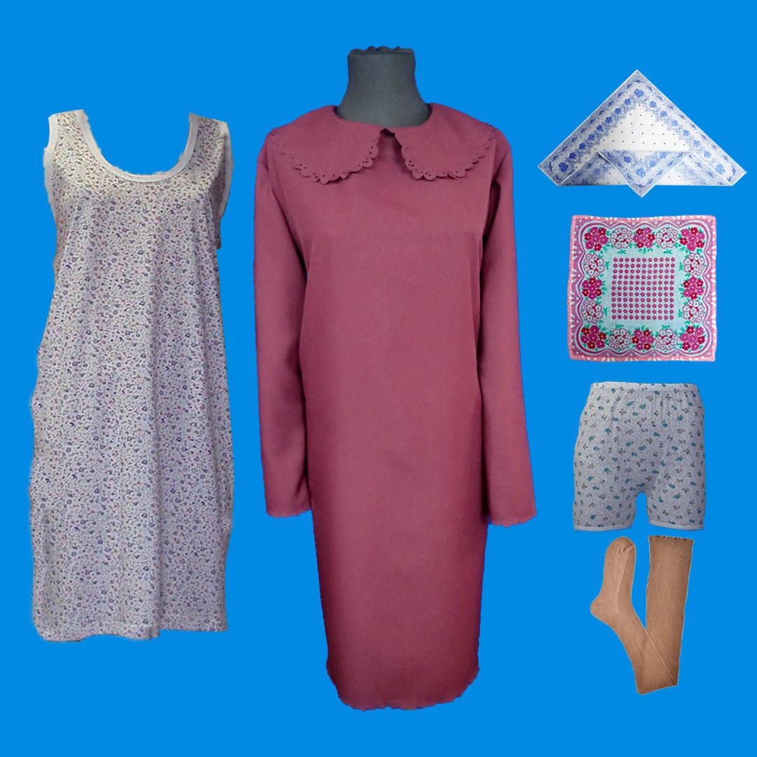 37154 Комплект женский "Терра": платье из габардин, панталоны, сорочка, чулки, плат нос, платок гол